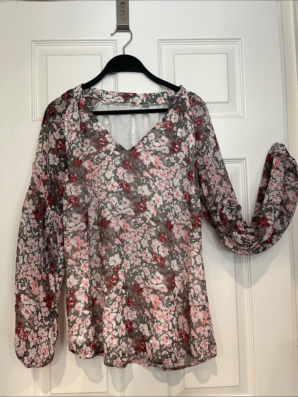 Sheer Floral V-Neck Blouse in Pink and Gray
